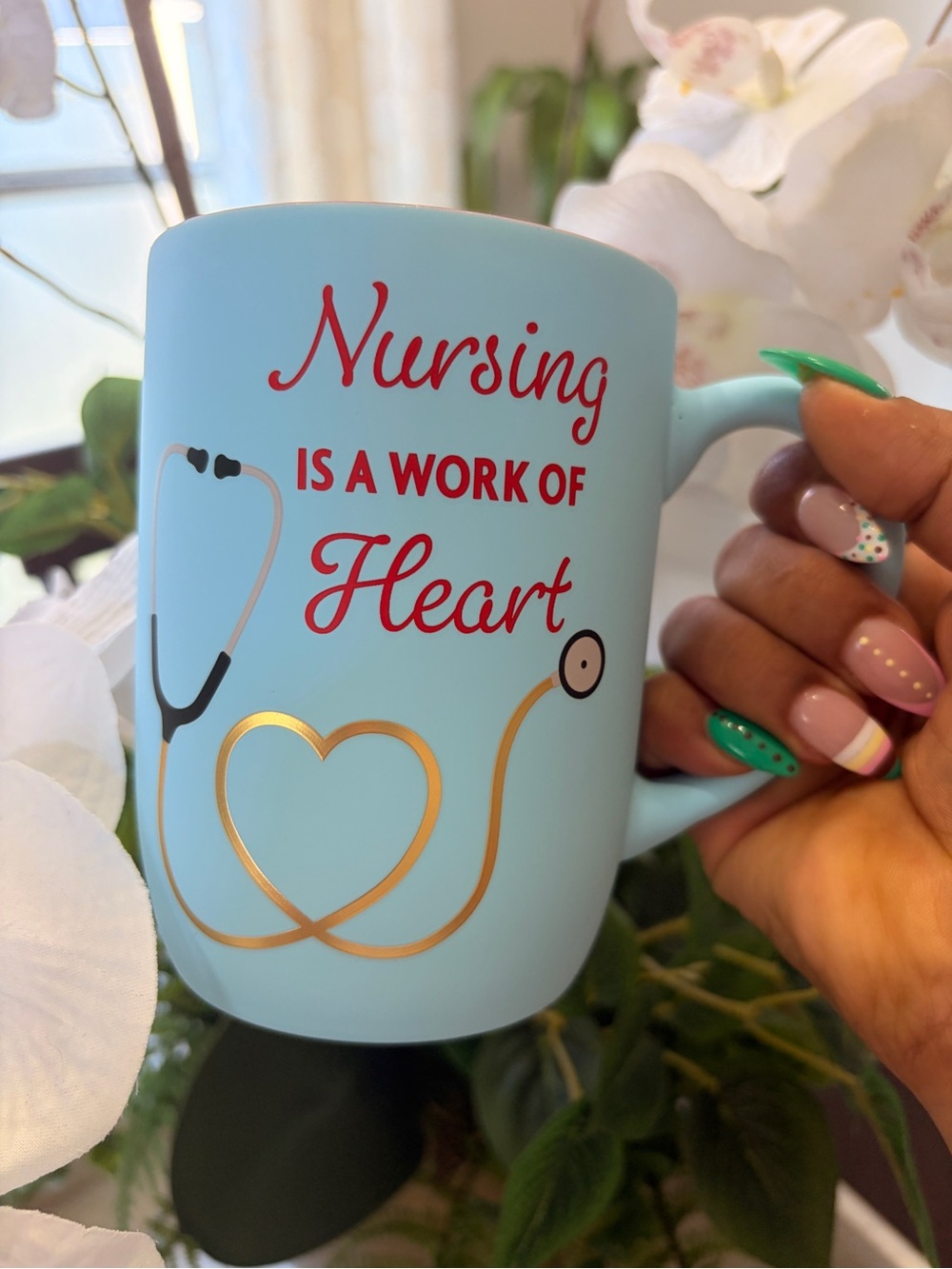 Nursing Is A Work Of Heart Blue Mug red interior 18oz